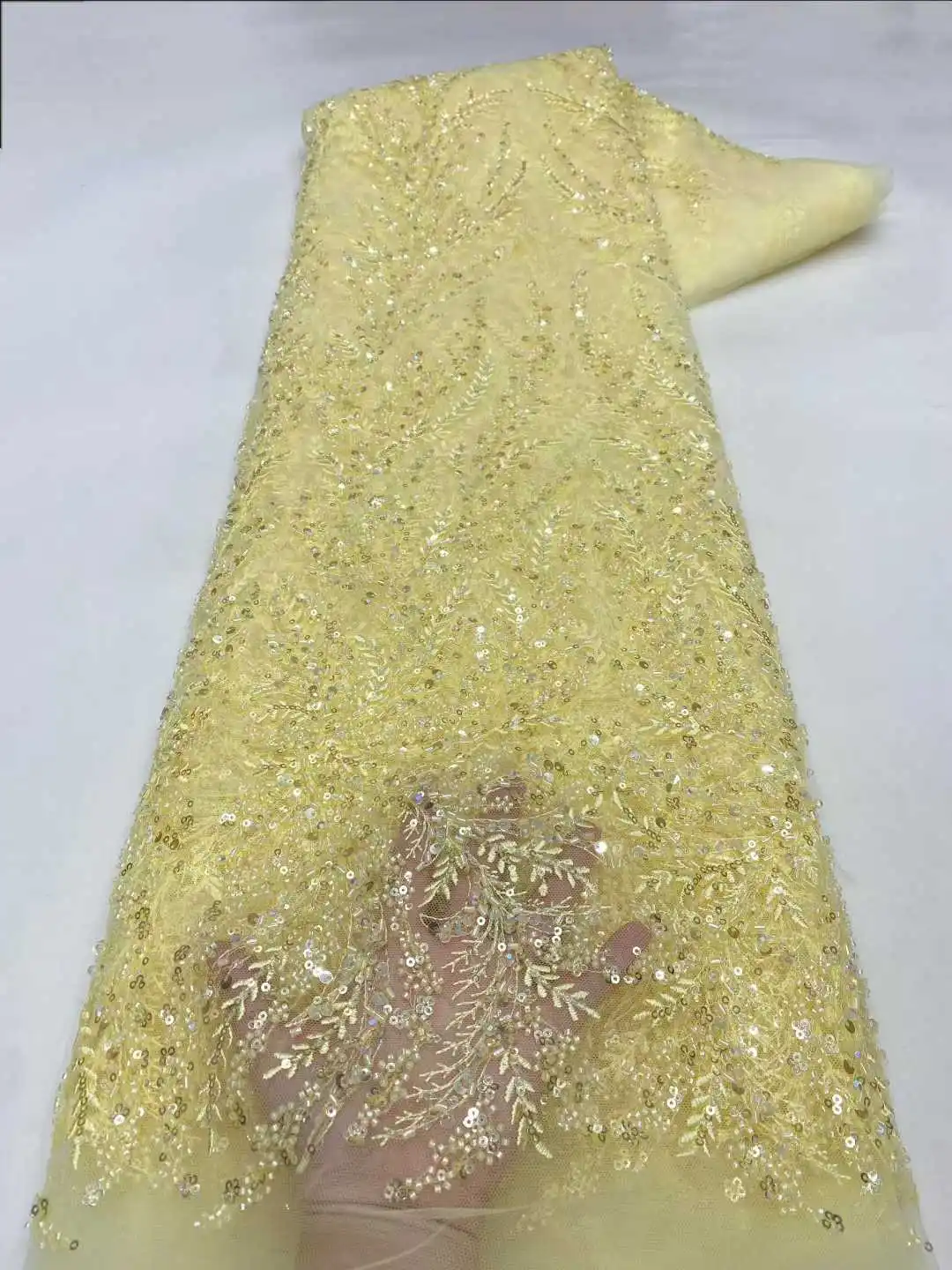 2025 High Quality African Lace Fabric Nigeria Orange Beaded Lace Fabric Sequins Tulle Fabric for Party Wedding Sewing AH1708