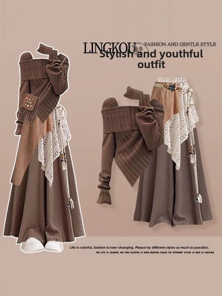 

Early Autumn Korean Sle Tee-Piece Set Women's High Waist Casual Knitted Top And Skirt Pants Lazy Sle Faion Set