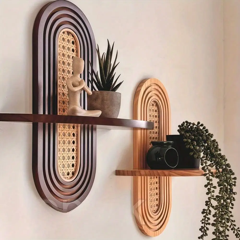 

1pc Arched Bohemian Wood Rattan Floating Shelf, Easy Hanging Decor for Living Room Bedroom Bathroom Plant Display