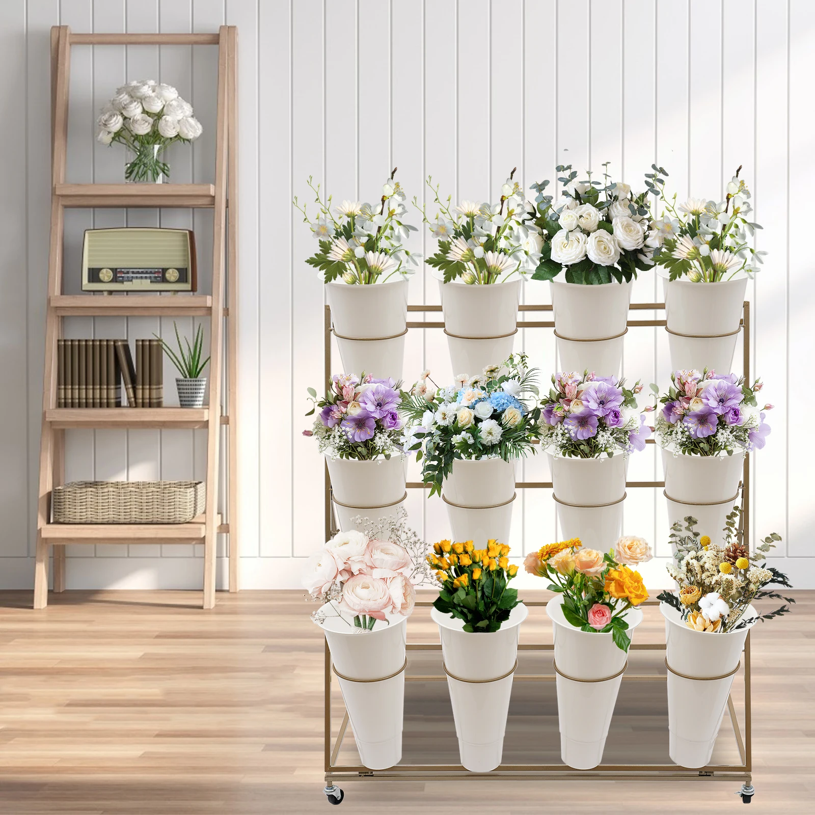 

Metal Flower Display Stand, Plant Stand with Wheels, Movable Flower Display Stand with Buckets，3 - tier, 4 Buckets per Tier