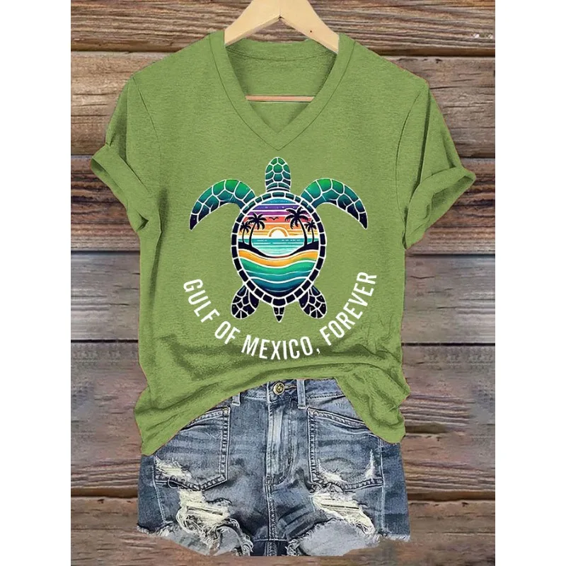 Ladies Short Sleeved T-Shirts Casual V Neck Summer Tops Gulf of Mexico Day Printed T Shirt