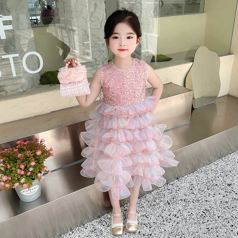 Girls Vest Dress Summer 2024 New Little Girl Stylish Princess Children's Mesh Cake Tutu Skirt Outdoor Birthday Clothing