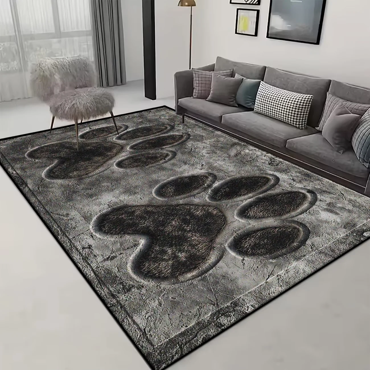 3D Visual Animal Paw Print Area Rug, Unique Monster Footprint Floor Mat, 2D Flat Printed Non-Slip Washable Carpet for Home