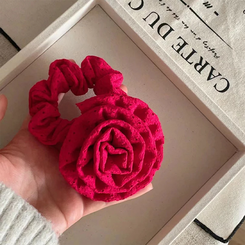 Women Red Rose Flower Elastic Hair Band For Women Girls Hair Rope Ties Flower Hair Scrunchie Ponytail Holder Hair Accessories