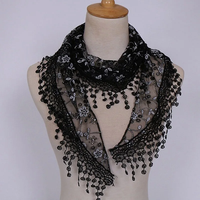 2023 New Floral Lace Triangle Scarf Tassel Shawl Female Classic Casual Transparent Breathable Scarves Sunscreen