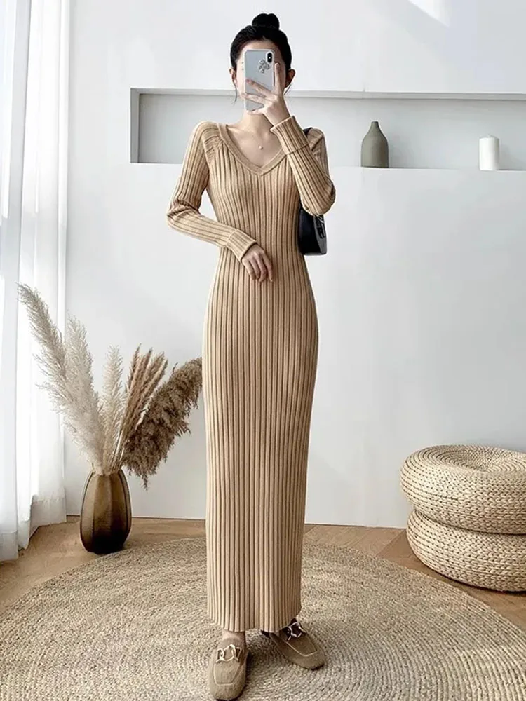 Spring Soft Knitwear Dress V-neck Slim Long Knitted Vestidos Solid Color Woman Knit Dresses Korean Elegant New Sweater Pullover