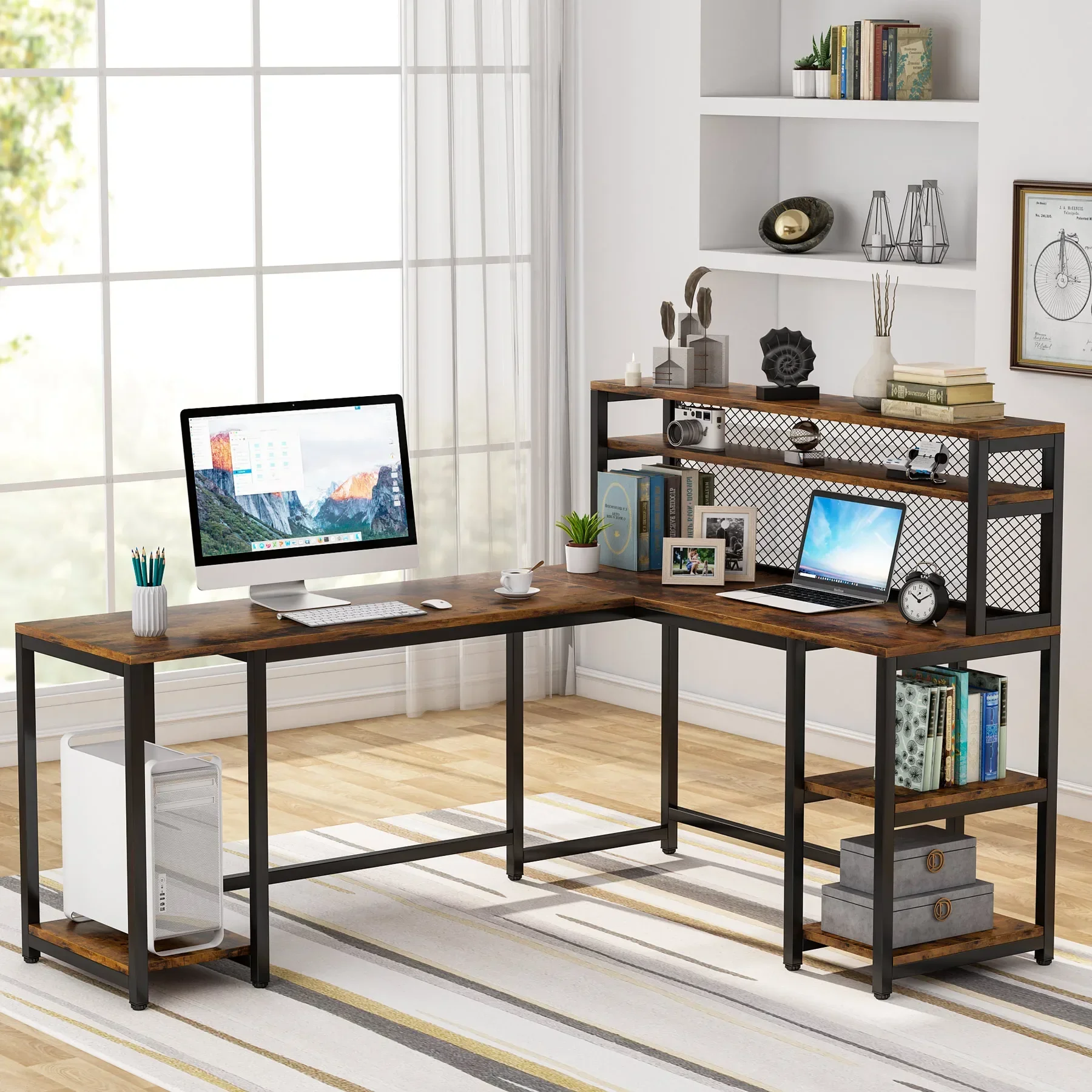 Tribesigns 67 inch Large Computer Desk with Hutch Brown Office Desk Study Table Writing Desk Workstation for Home Office