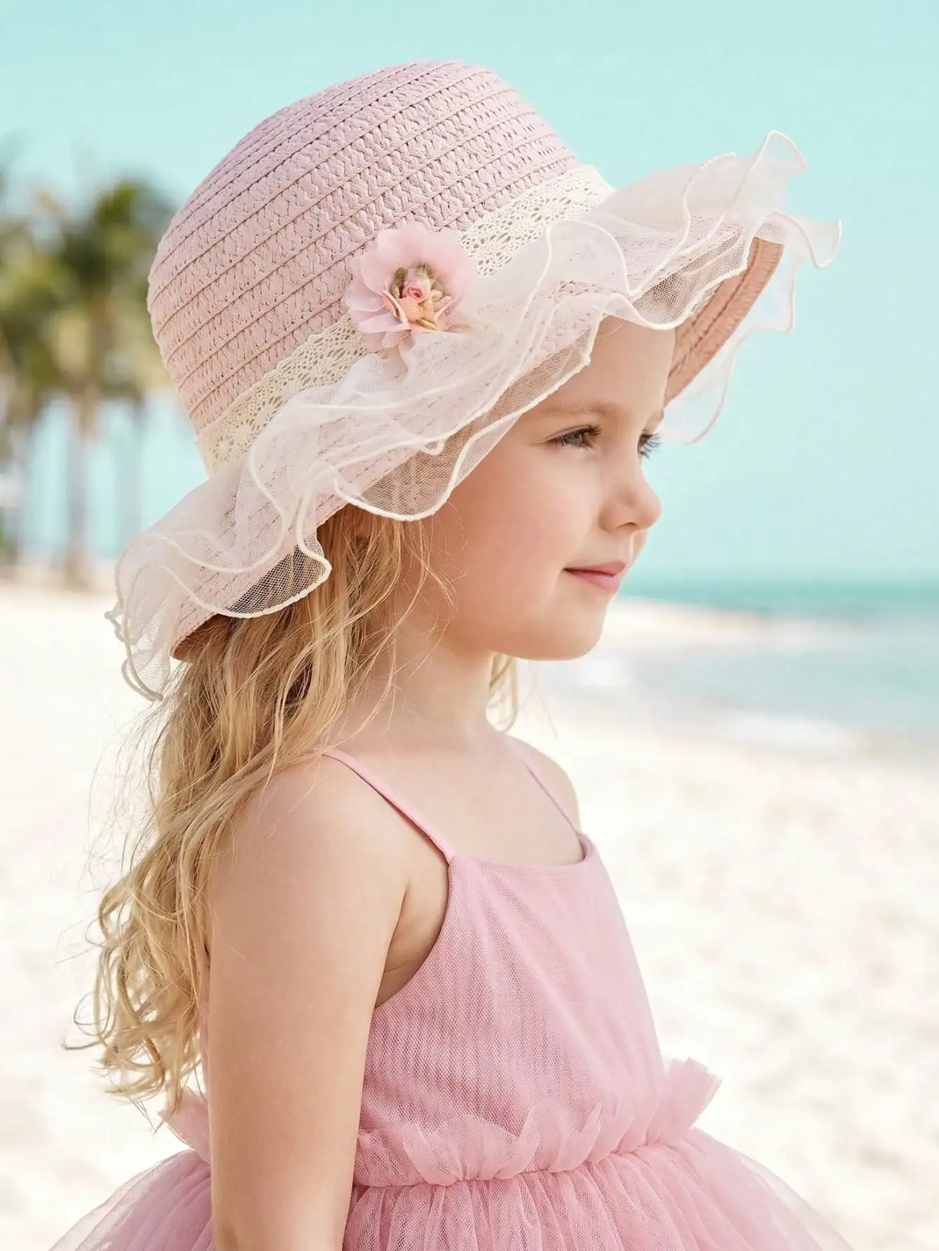 

1Pc 1-5Y Girls Pink Floral Tulle Edge Straw Hat Summer Kids Sun Beach Outdoor Cap