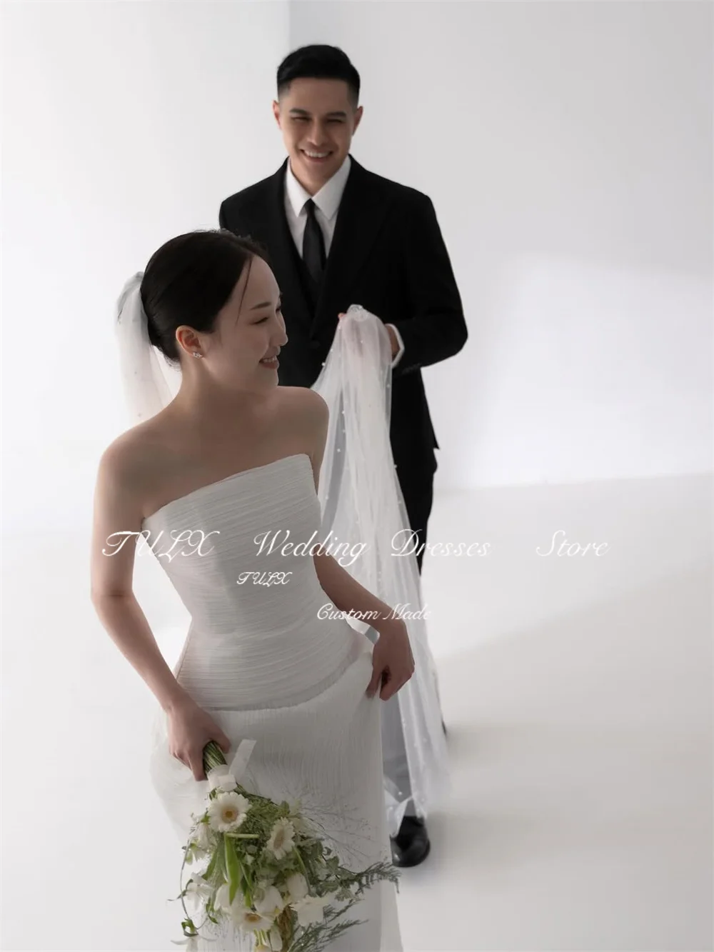 تولكس فساتين زفاف أنيقة عاجية ثنيات كوريا صورة تبادل لاطلاق النار بدون حمالات ألف خط طويل زي العرائس مشد مخصص ওয়েডিংдres 2026 #5