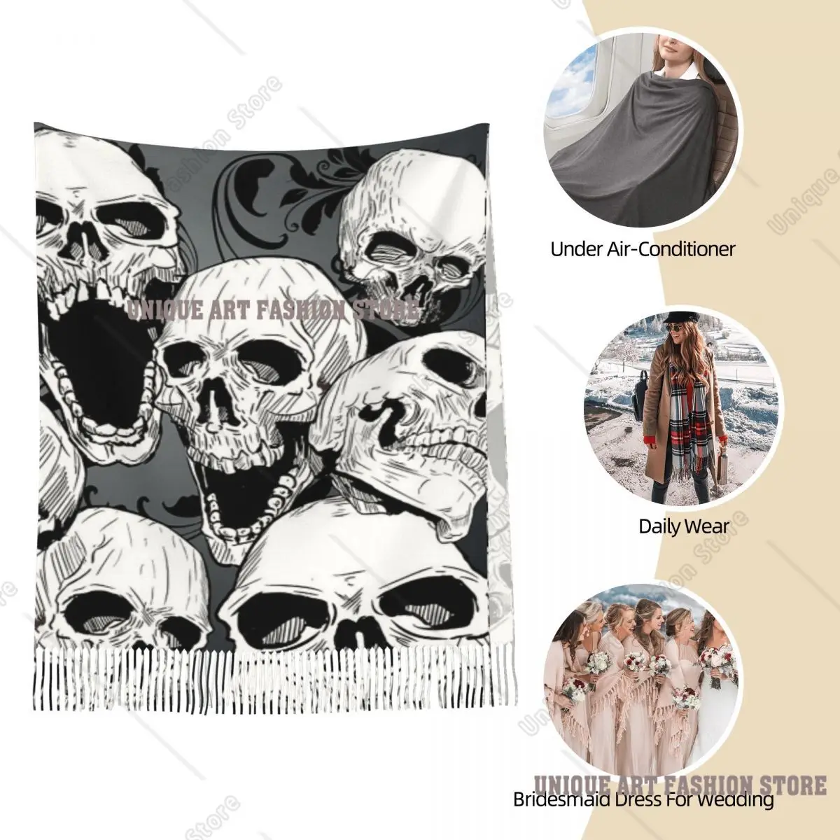 レディースタッセルスカーフデススカルゴシック大型ソフトウォームショールラップハロウィン漫画ギフトパシュミナスカーフ