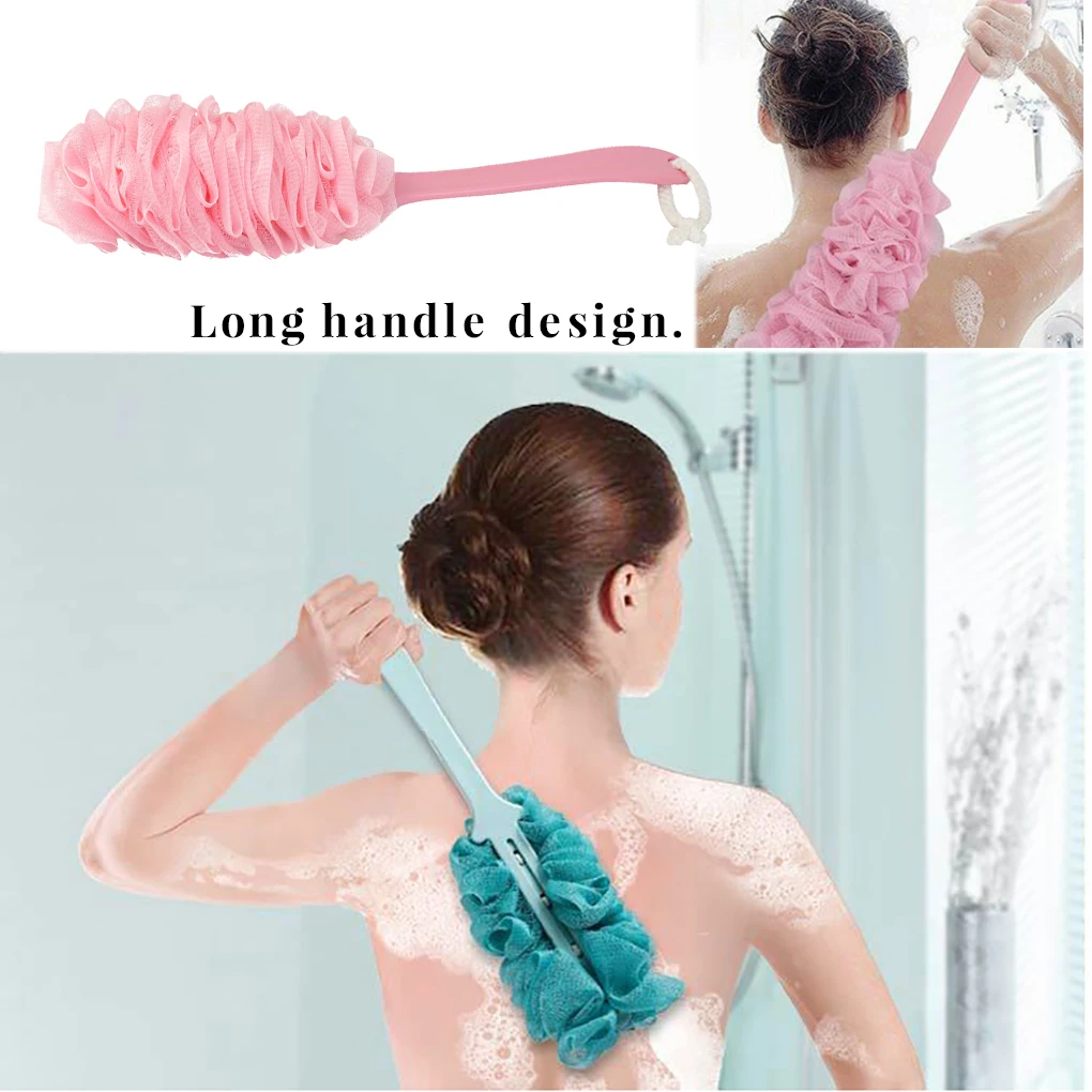 Bath Brush Long Handle Non-slip Shower Sponge Ball Mesh Back Scrubber Foaming Scrub Tool Bathroom Shower Brush Glove Bath Towel