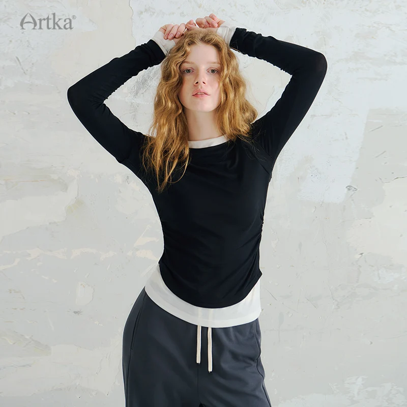 

ARTKA 2024 Autumn New Women T-shirt Fashion Fake Two Piece Long Sleeve T-shirts Wool Knitted Slim T-shirt Inner Lap Top TA92242Q