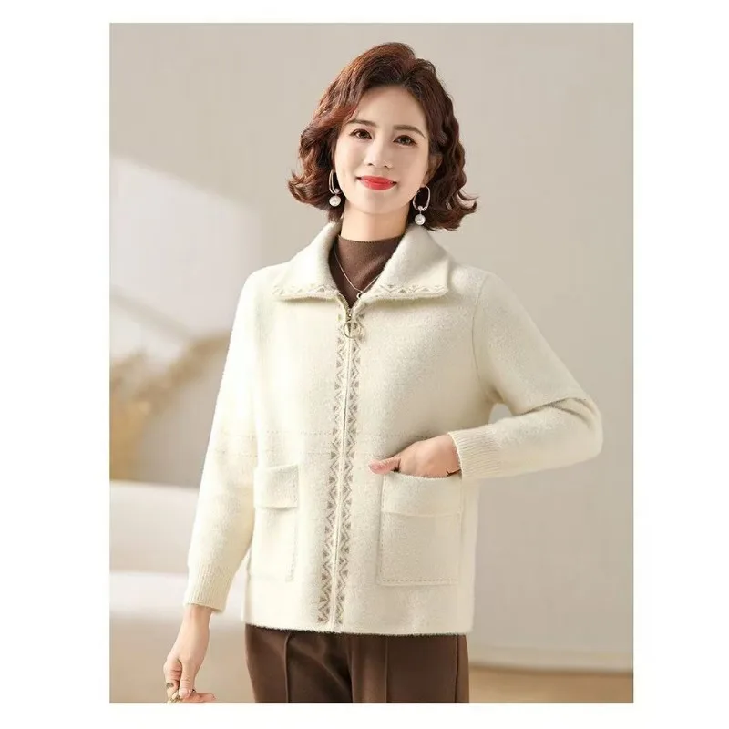 秋と冬の女性のジッパーカーディガンフロッキーポケットコートソリッドカラーカジュアルエレガントファッショントップ