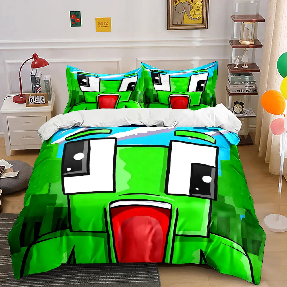 Cute Green Block Game Character 3PCS Bedding Set Soft Microfiber Duvet cover Pillowcase Set for Boys Gamers Bedroom Decor,gift