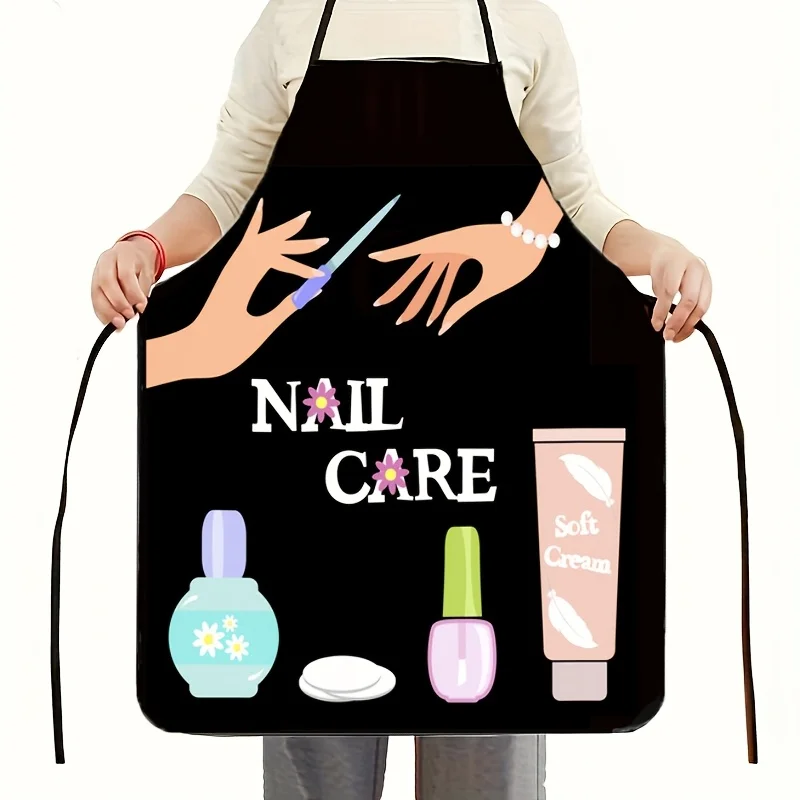 

1 шт. стильный женский фартук для ухода за ногтями, черный полиэстер, практичный дизайн с кремовыми иллюстрациями ножниц, идеально подходит для маникюра