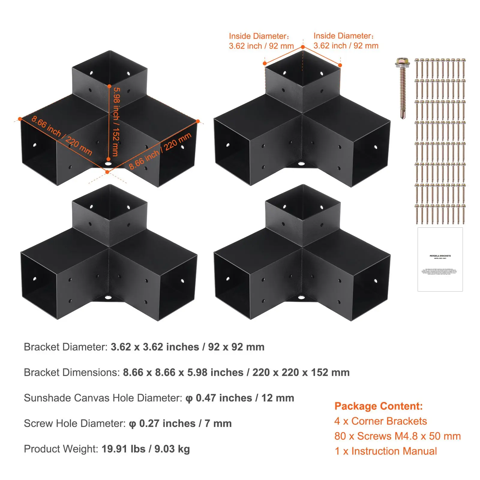 Pergola Bracket Kit 4''x4''(Inner Size 3.6x3.6), 4pcs 3-Way Heavy Duty Corner Bracket Woodworks DIY Post Base Kit, Easy Installation Wooden Beams for Gazebos, Patio Pergolas, Log Cabin Outdoor