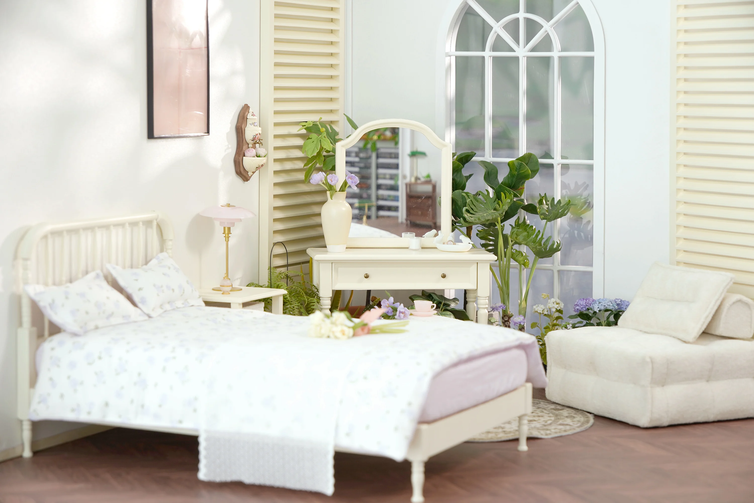 Meble do domku dla lalek w skali 1/6 BJD OB11, mini model, łóżko dwuosobowe/łóżko do sypialni z litego drewna