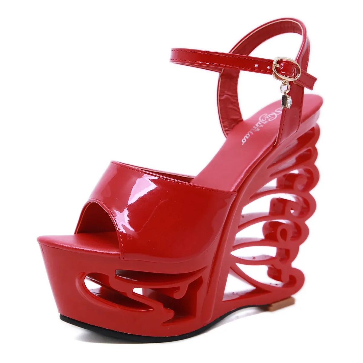 New Women's Patent Leather Metal Buckle Wedge Sandal Wristband Platform Water Table Shaped Heel Shoes Ultra High Heel Slipper