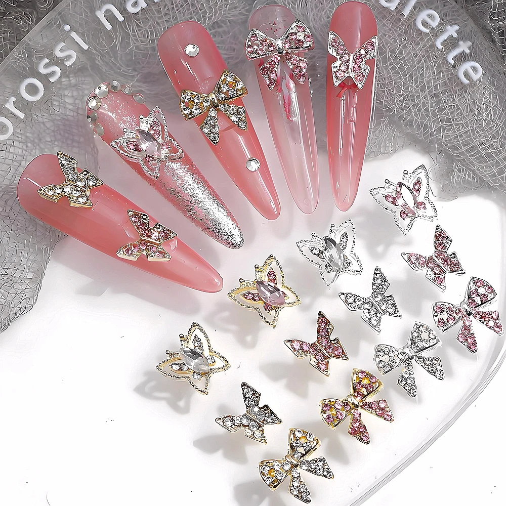 10 個 3D 高級合金フルラインストーンネイルアート蝶弓チャームジュエリーアクセサリー爪の装飾マニキュア用品 S
