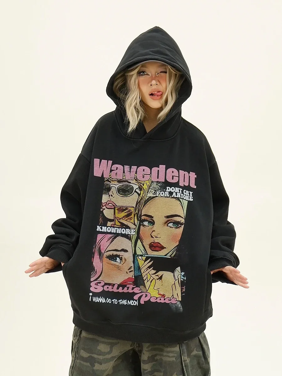 

Character Comic Hoodies 2024 Autumn New Loose Bf American Retro Couple Top Women