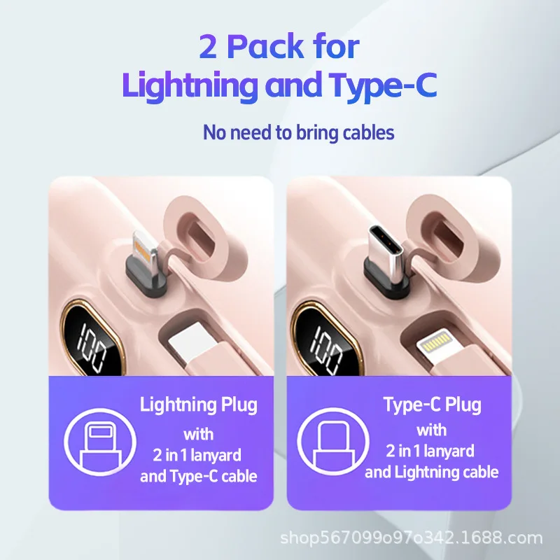 Mini banco de energía de 10000mAh, Cable incorporado, cargador portátil para teléfono móvil, cápsula de batería externa, Powerbank para iPhone tipo C
