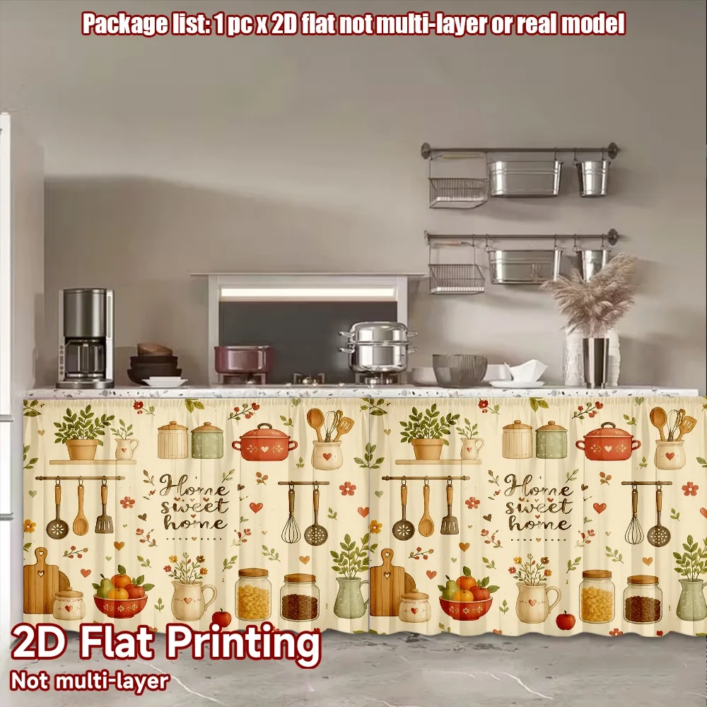 2D flat 1pc Bohemian style short curtains Cozy Kitchen Theme Digital printing The rod-mount design makes installation convenient