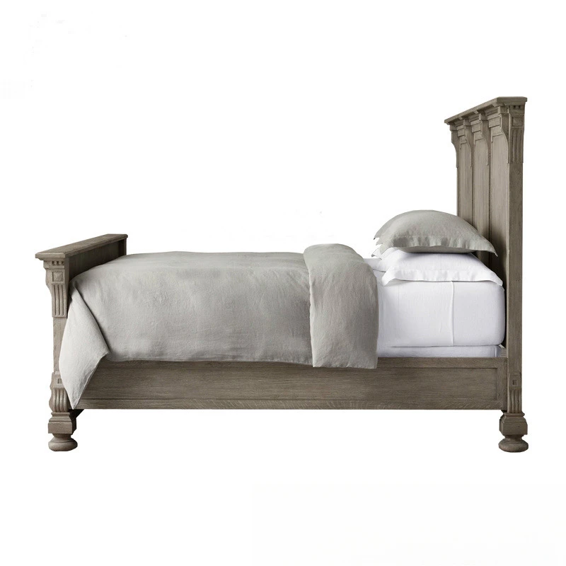 Vecchia camera doppia americana retrò in legno massello inciso con letto in legno da 1,5 * 1,8 metri