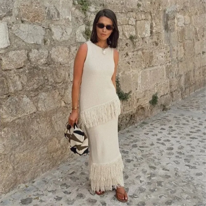 Elegant Tassel Sets For Women Solid O-neck Sleeveless Vest Straight Skirt Suit 2024 Summer New Chic Female Casual Set Streetwear