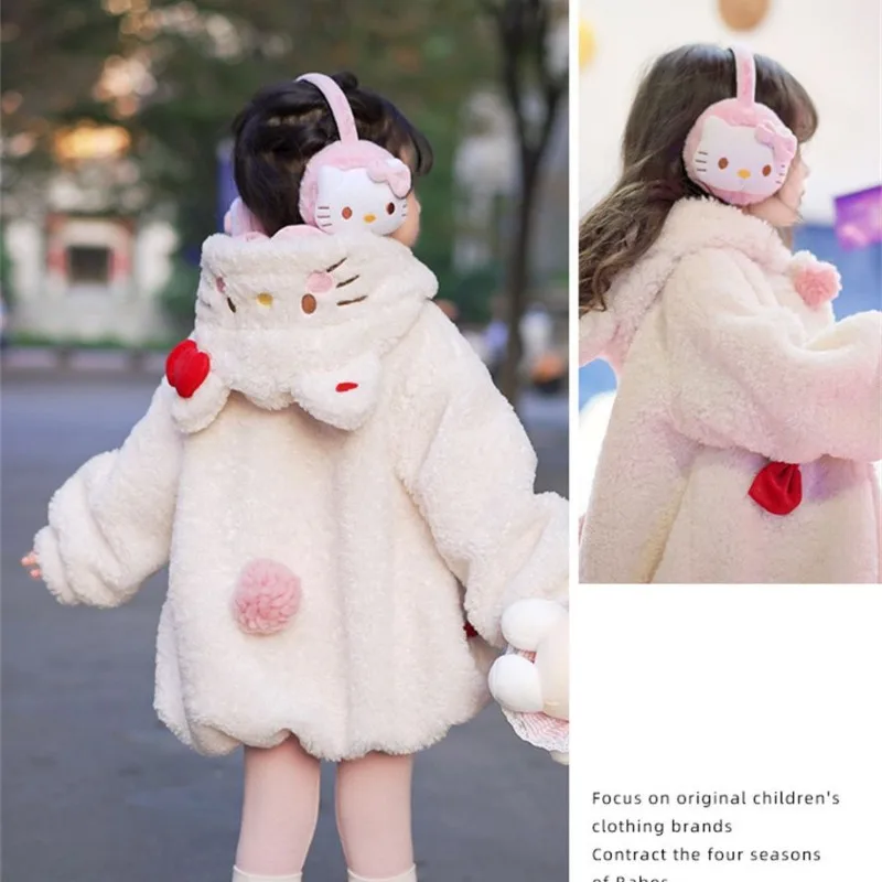 Hello Kitty Anime Kawaii Sanrio Ins Fashion Lovely Warm Coat Cute Cartoon Long Sleeve Hooded Jacket Clothing Gifts for Girls