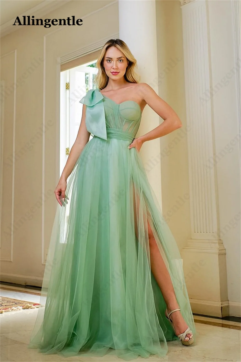 Allingentle Sage Green Prom Party Dress One Shoulder with Satin Bow Sweetheart Side Slit  A-Line Tulle Maxi Gowns فساتين السهرة