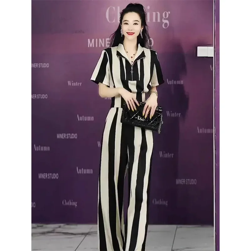 Fashion Korean Suit 2026 Women\'s Summer Outfit Female Vertical Stripe Two Piece Set Ladies Wide leg Pants 2 Piece Set