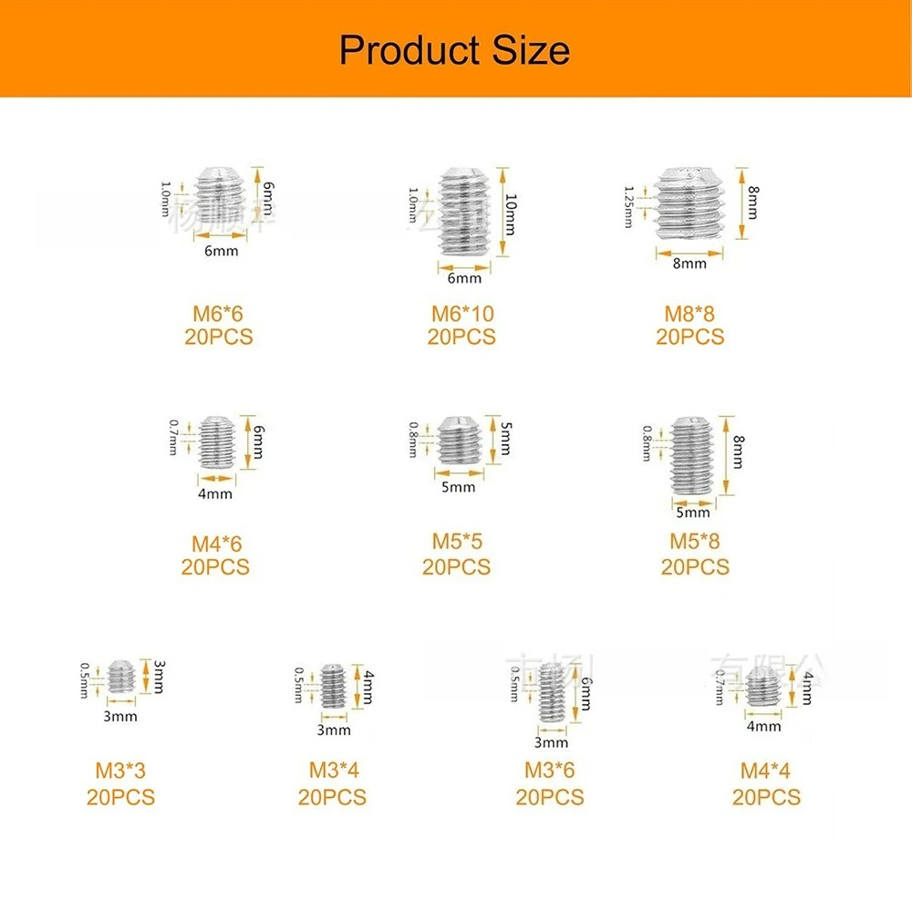200Pcs 304 Stainless Steel Hex Socket Set Screw Flat End Grub Screw Assortment