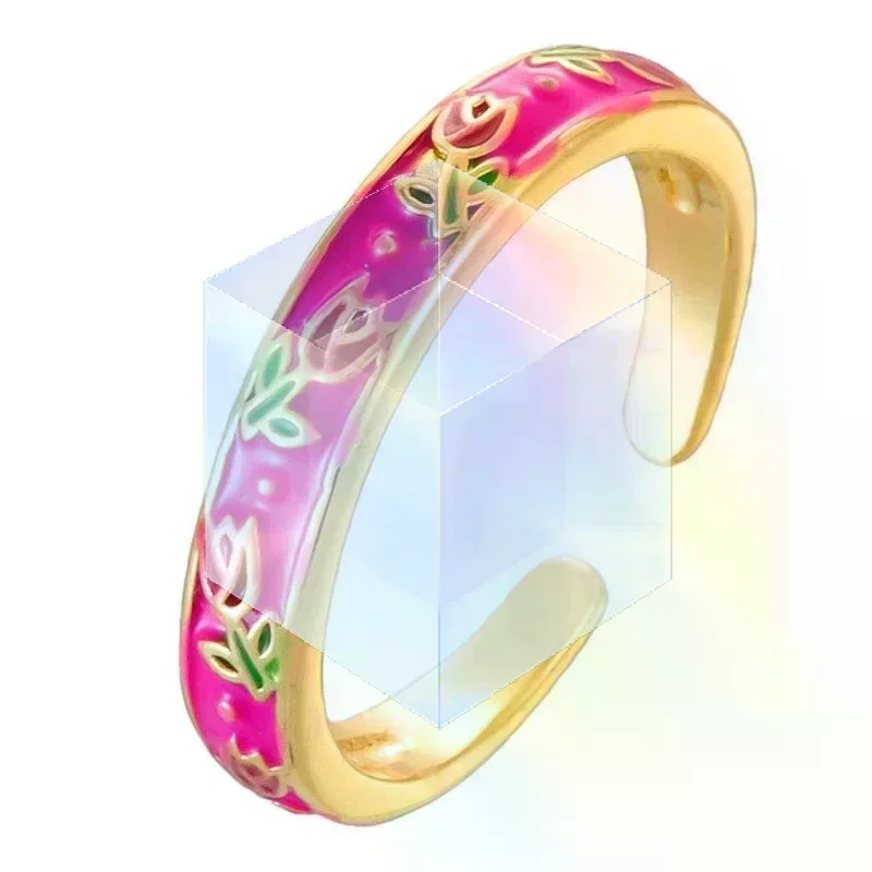 Bohemian Dainty Flower Enamel Open Ring Adjustable Gold Plated Colorful Finger Ring For Women Daily Party Jewelry Gift