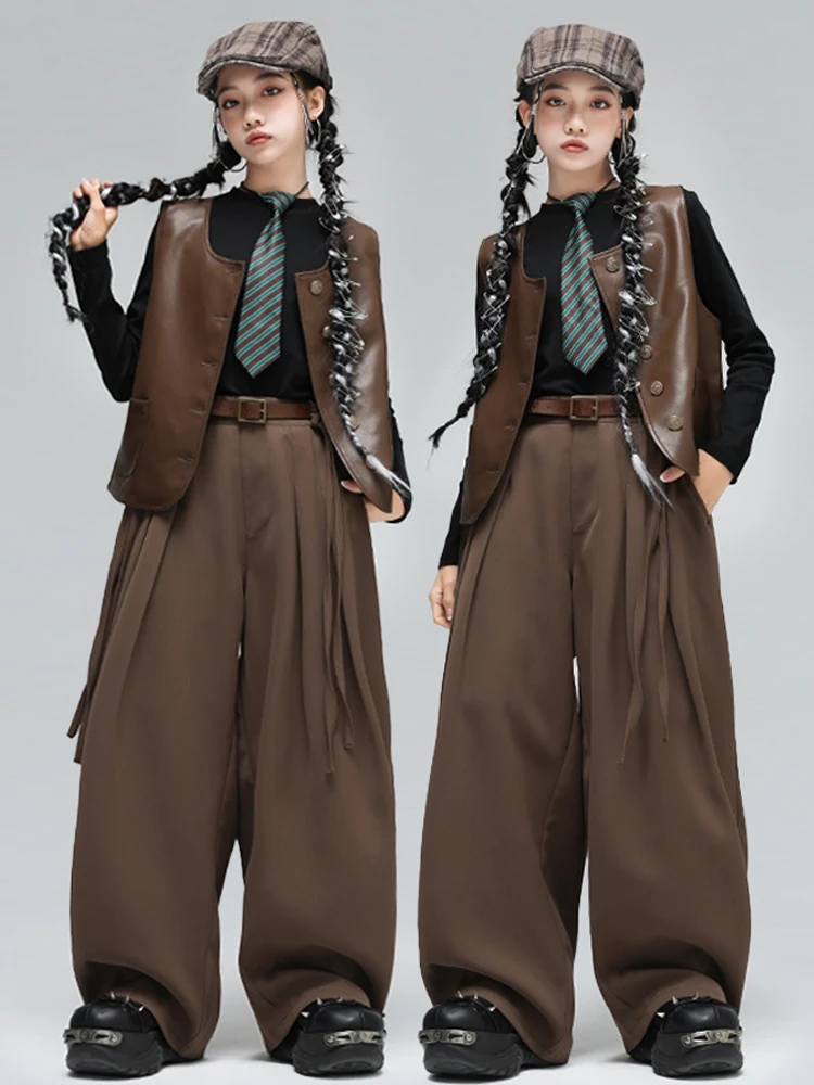 Costume de danse Hip Hop pour enfants, gilet marron, chemise à manches longues et pantalon pour filles, vêtements de spectacle de danse de rue Kpop BL17811