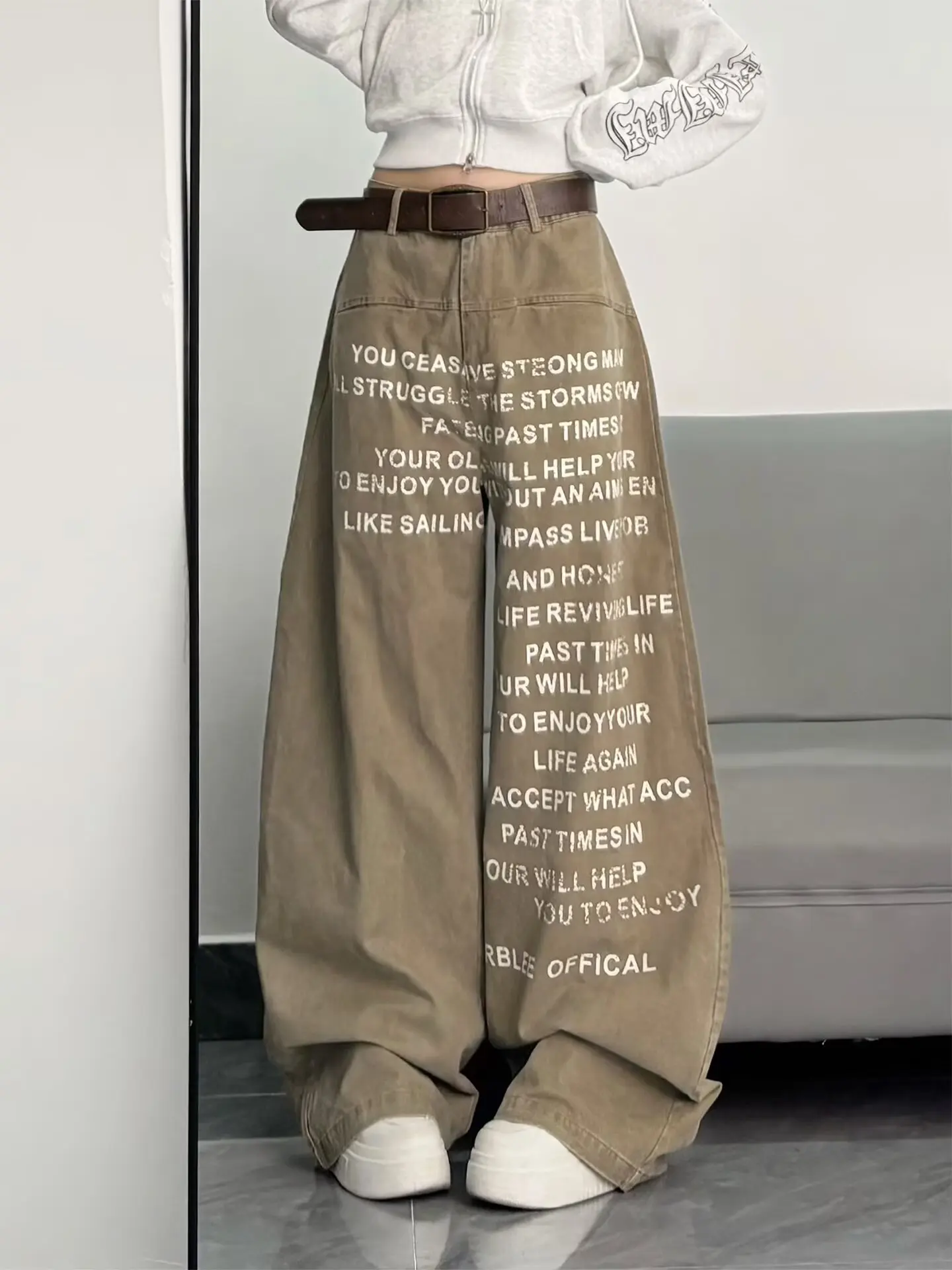 Pantalones vaqueros de pierna ancha holgados de color caqui con estampado de letras para mujer, ropa de calle Vintage de estilo callejero Unisex, pantalones vaqueros informales para mujer, novedad