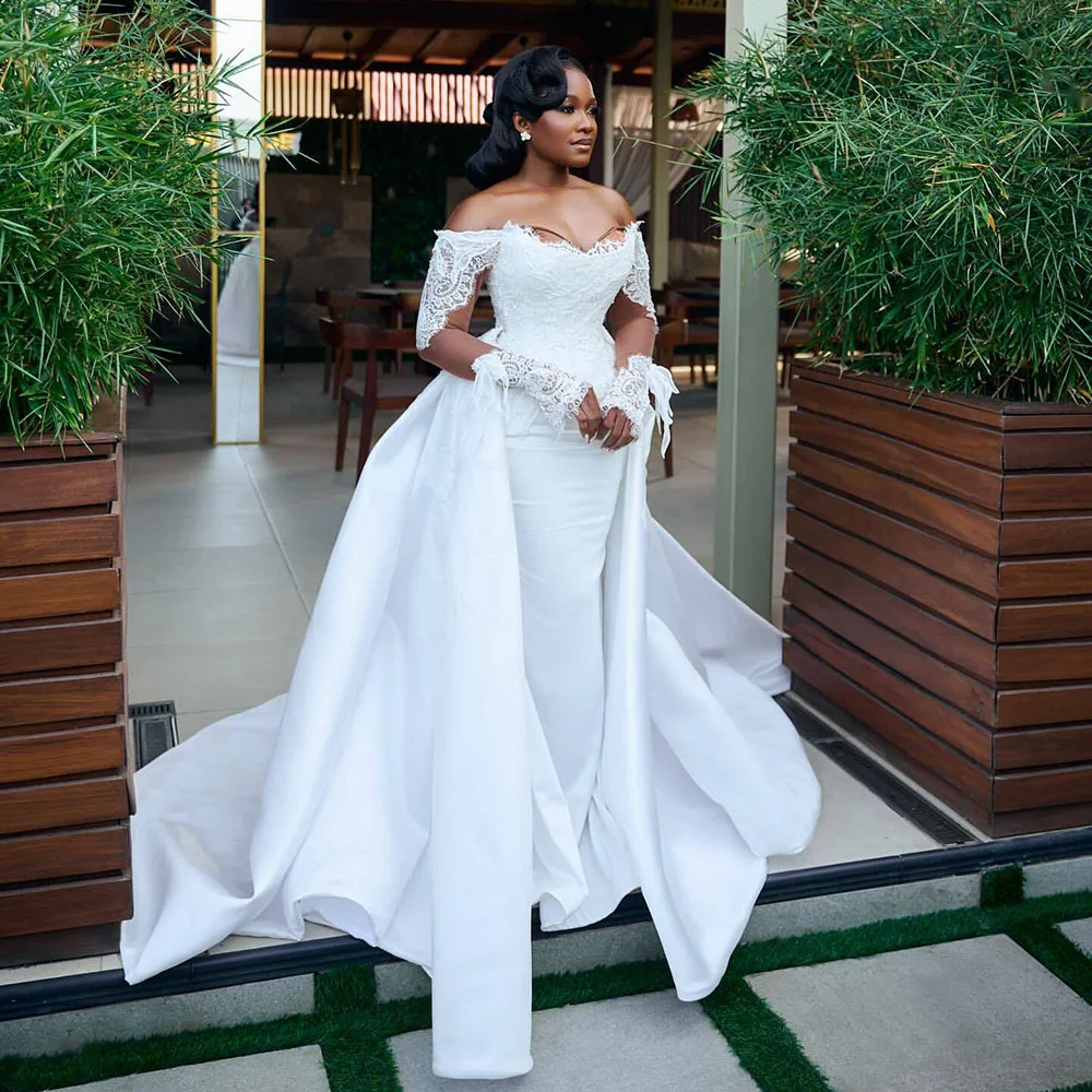 African Women Mermaid Wedding Dresses Off Shoulder Lace Applique Aso Ebi Bridal Gowns With Detachable Train Customized