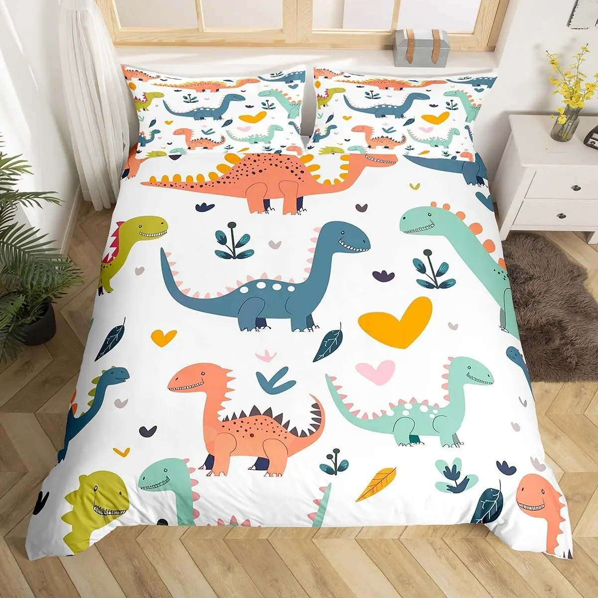 Cartoon Dinosaur Duvet Cover Full King Botanical Leaves Bedding Set Ancient Wild Animals Quilt Cover For Boys Teens Room Decor