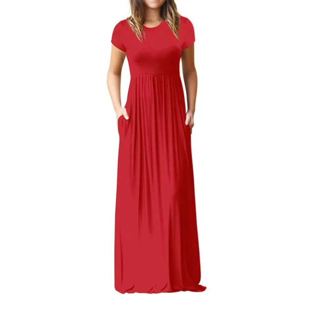 Hot Sale Spring Summer Floor Length Dress Women O Neck Casual Pockets Short Sleeve Loose Party Dress Vestido Longo De Festa