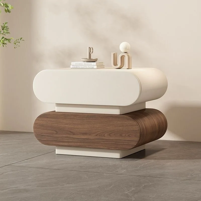 

Cream wind solid wood bedside table, simple modern bedroom home free installation leather bedside table