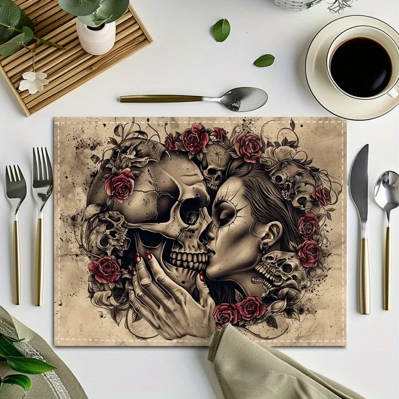 Halloween Nightmare Placemats, Pumpkin Bat Moon Printed Linen Table Mats, Spooky Holiday Table Decor