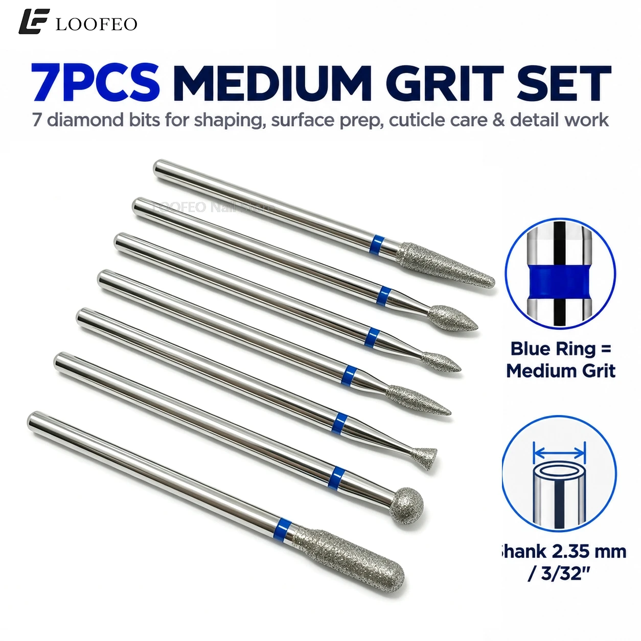 8PCS Nail Drill Bits Set 7 Medium Diamond 1 Silicone Polisher E-File Bits for Cuticle Burrs Removal Milling Cutter for Manicure