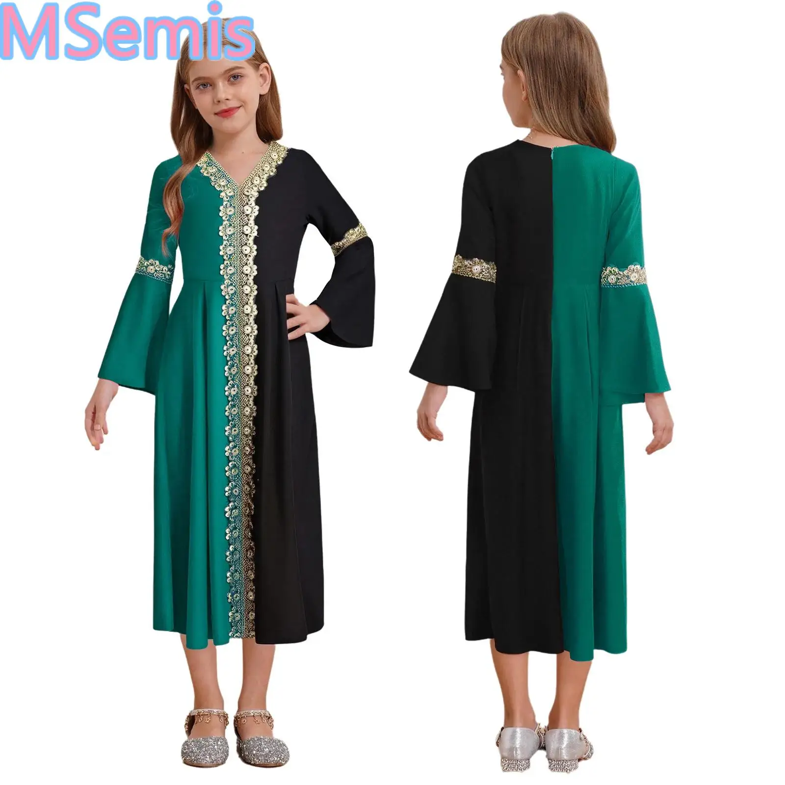 

Kids Girls Color Block Party Dress Abaya V-neck Long Flared Sleeve Pleated Dress for Theme Party Holiday Wedding Party