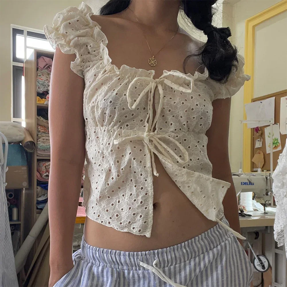 

Shirts Summer Casual Daily Solid Color Lace-Up Short Sleeve Square Neck Daily Cropped Shirts For Women