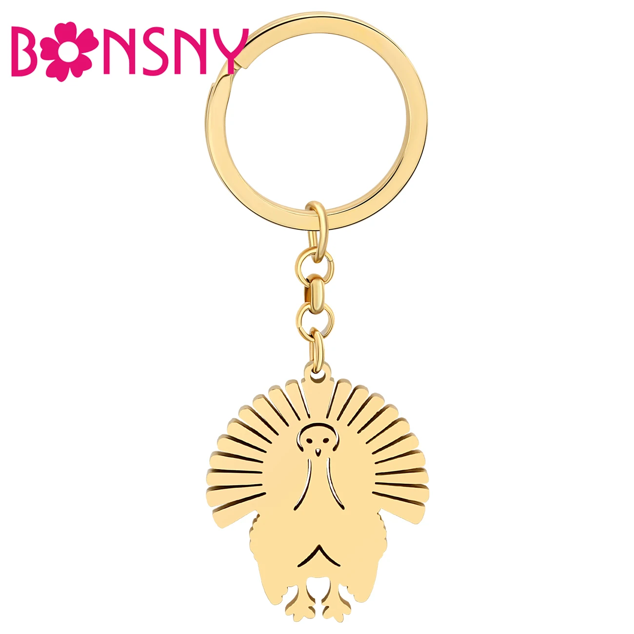 Bonsny Stainless Steel Thanksgiving Gold-plated Turkey Chicken Keychains Rings Car Wallet Bag For Women Girl Gift