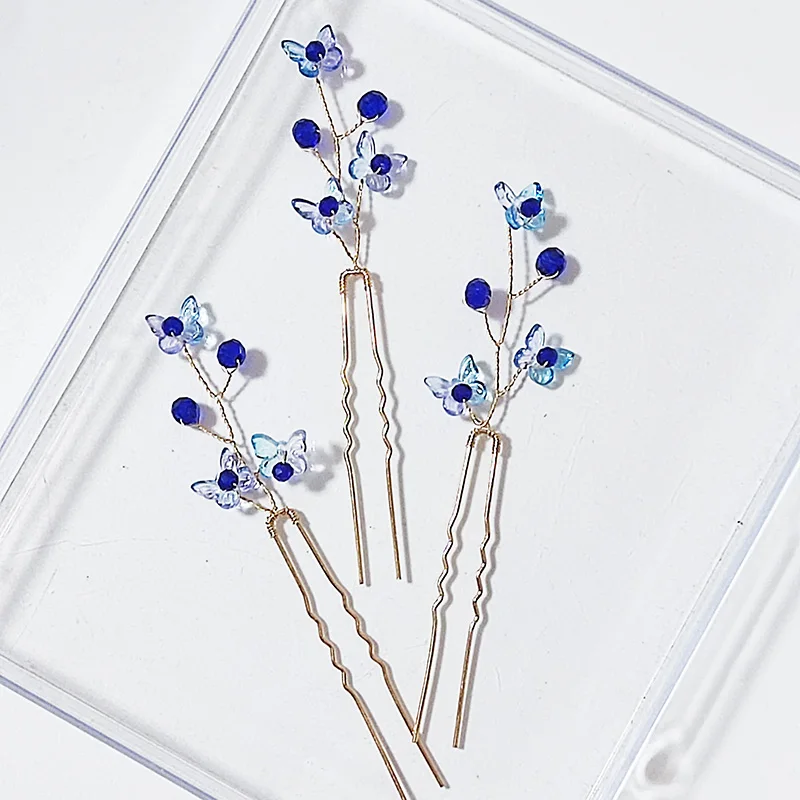 3pcs Fashion Bridal Blue Crystal Butterfly Women Hair Ornaments Hair Pins Women Hair Clips Bridal Hair Jewelry Accessories