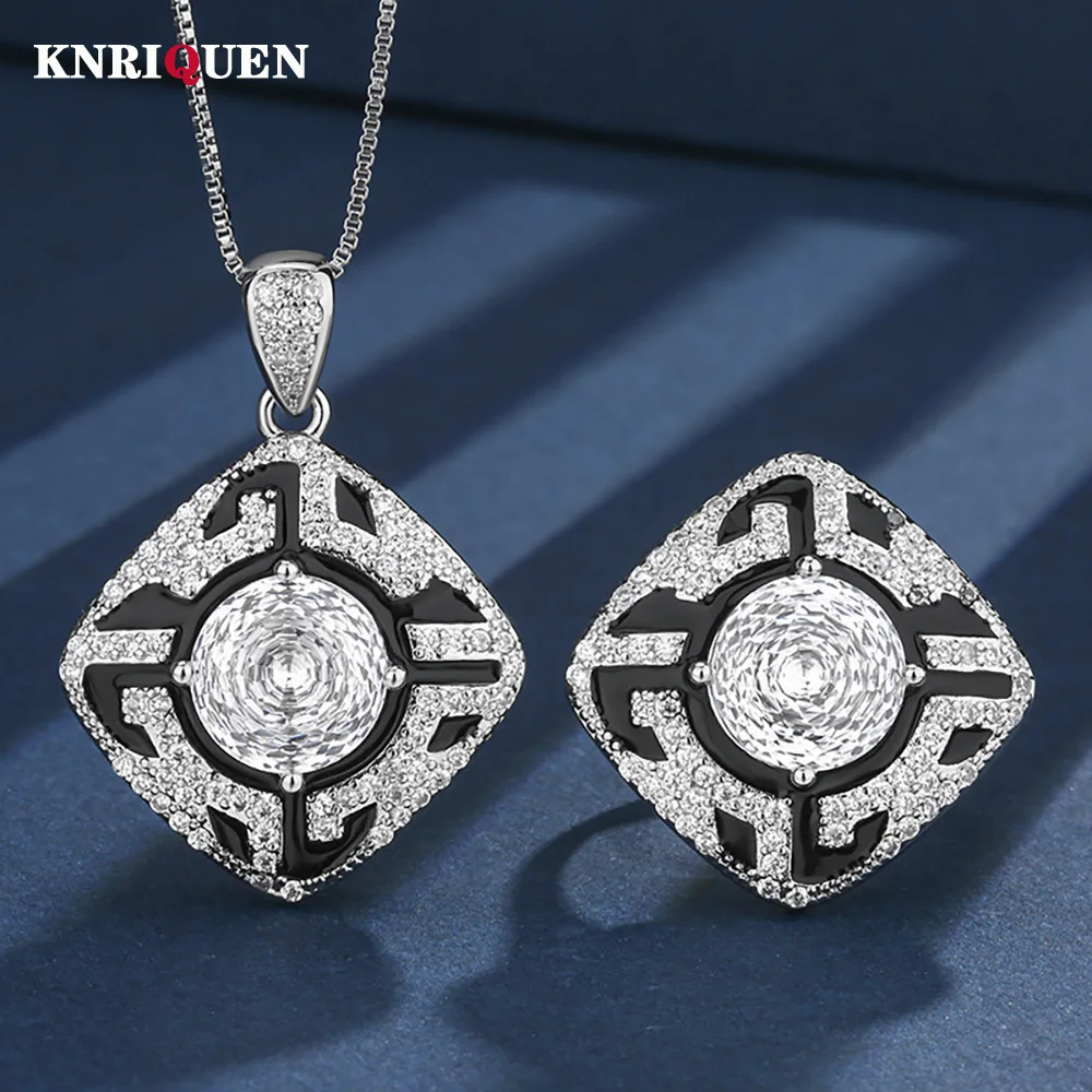 

Retro 10*10mm High Carbon Diamond Gemstone Jewelry Sets for Women Wedding Engagement Pendant Necklace Ring Set Anniversary Gift