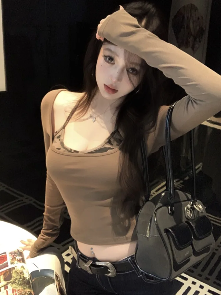 

Fashionable Camouflage Long Sleeve T-Shirt Inner Wear Slimming Base Shirt Girl's Autumn Winter New Style Hot Girl Style Top