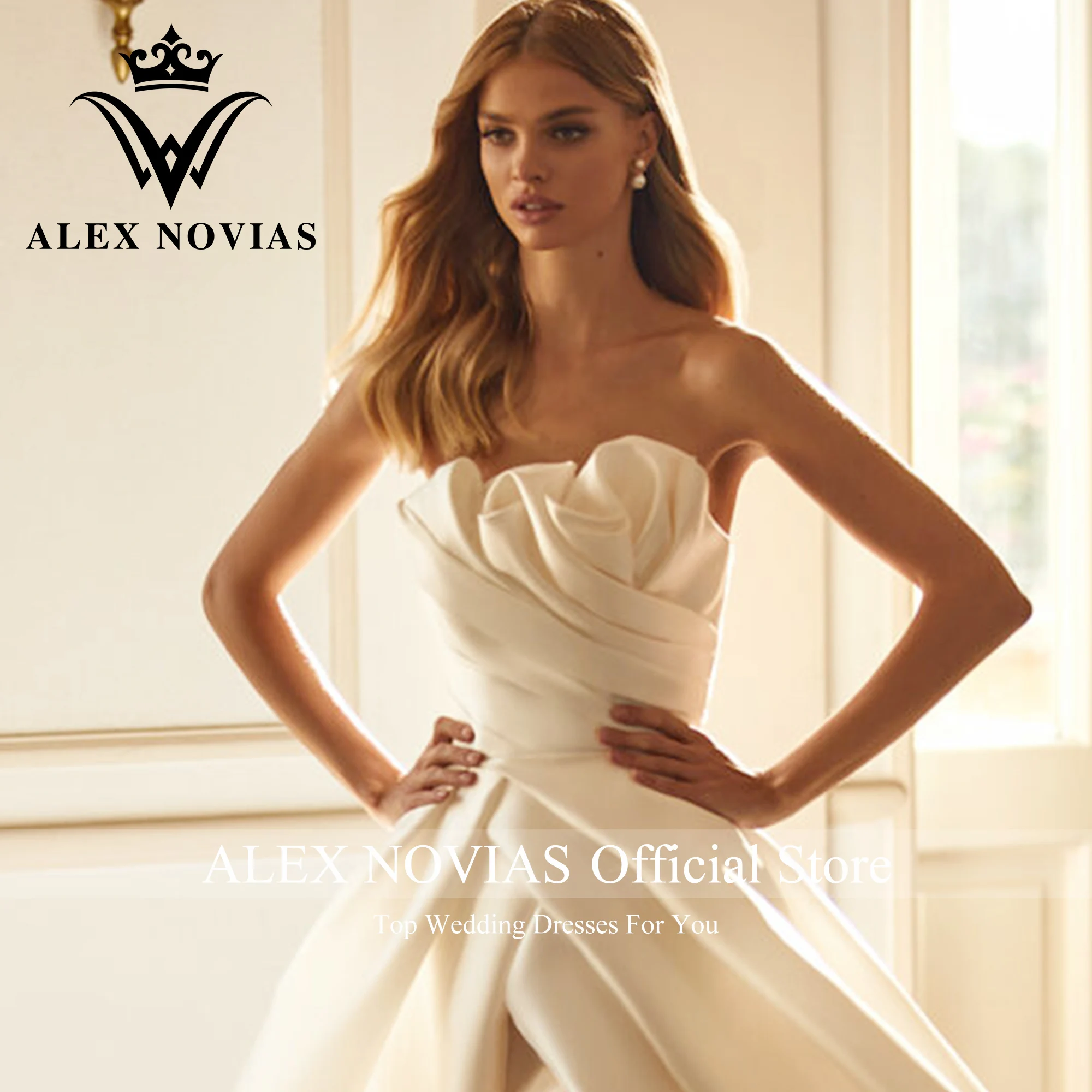 ALEX NOVIAS A-Line Wedding Dress High Quality 2023 Strapless Thigh Split Pleat Brush Train Satin Dress Vestidos Novias De Saten