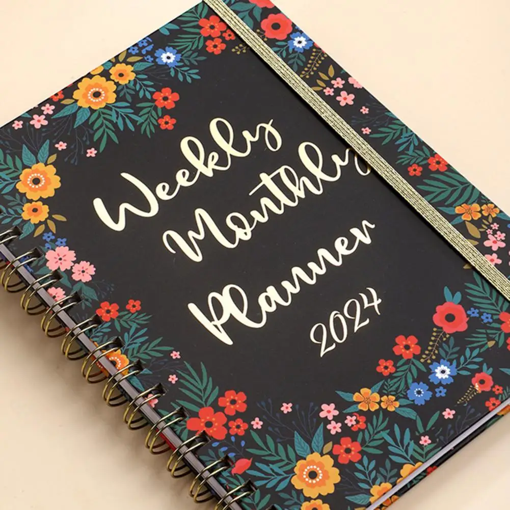 Planificador mensual y semanal, planificador con diseño de bobina Floral 2024, cuaderno mensual y semanal para el hogar, la escuela y la Oficina, 2024