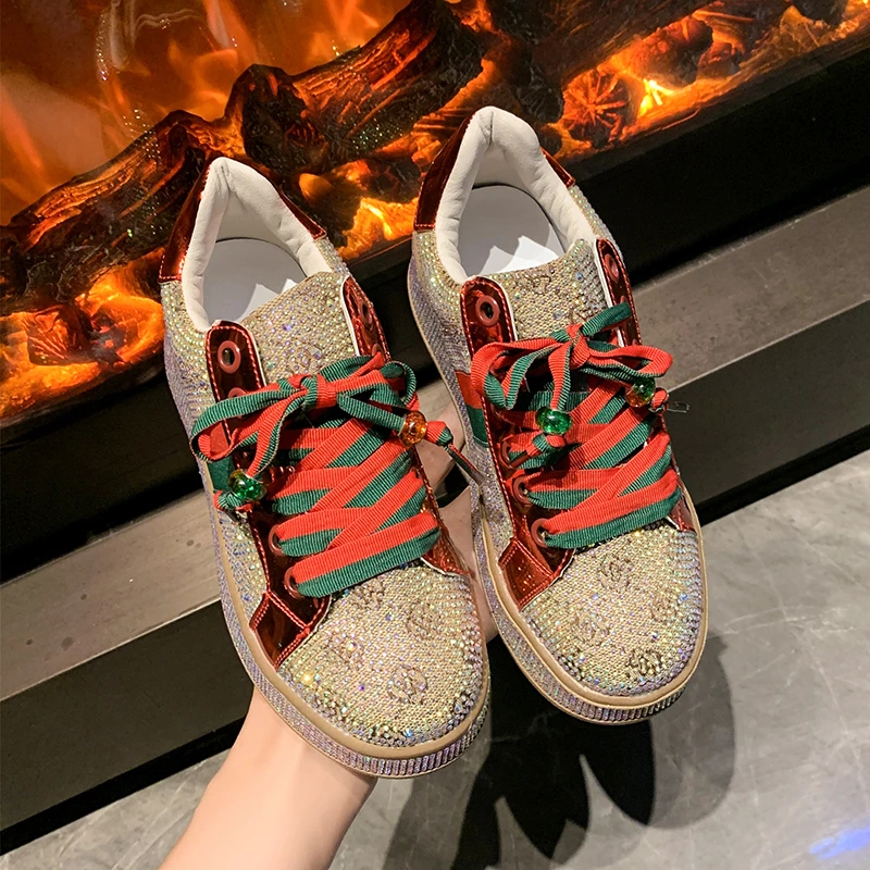 Zapatos de diseñador para mujer, zapatillas de plataforma de lujo para mujer, zapatos informales con cordones a la moda con diamantes de agua y cristal, zapatillas de deporte